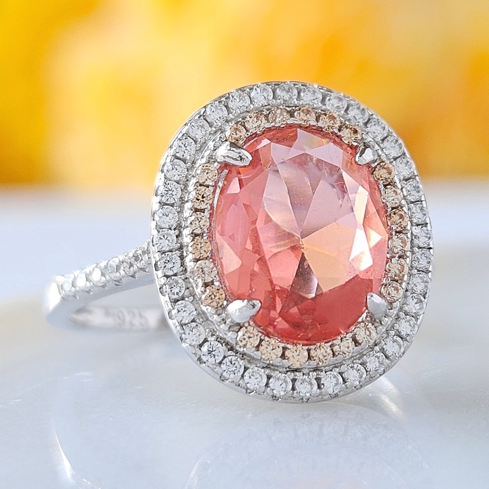 Coral Pink and Peach oval gemstone ring, 925 Sterling Silver  Charmed Aroma